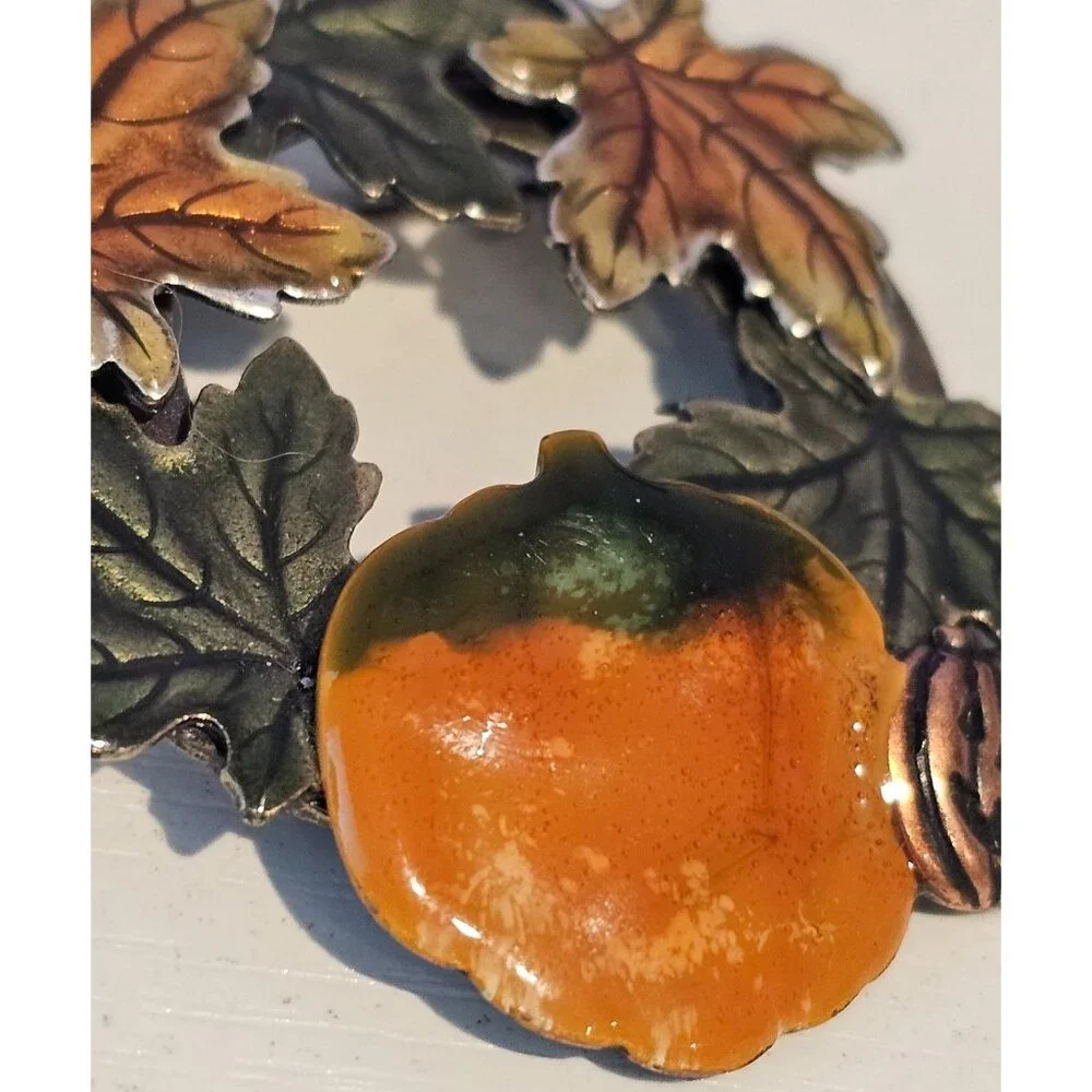 KC Autumn Harvest Pumpkin Maple Leaves Wreath Brooch Fall Themed Brooch Pin 2